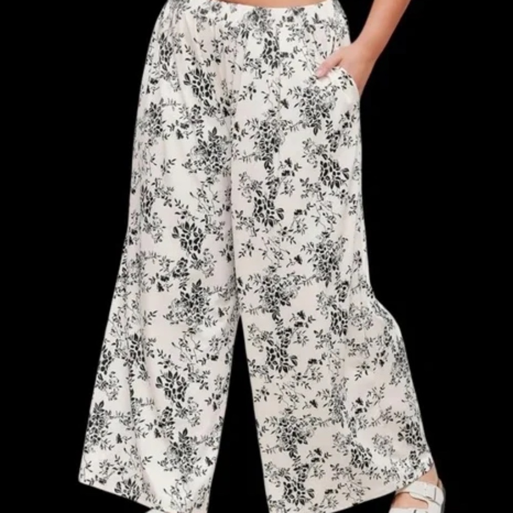 Cider Wide Leg Pant Pull on Ribbed wPockets Set/2 Black Off White Black Flowers